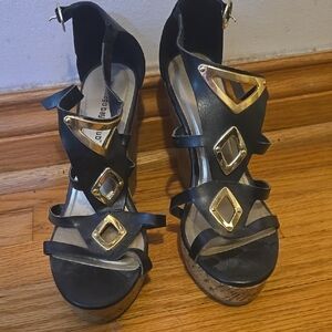 Black Strappy Wedge Sandals